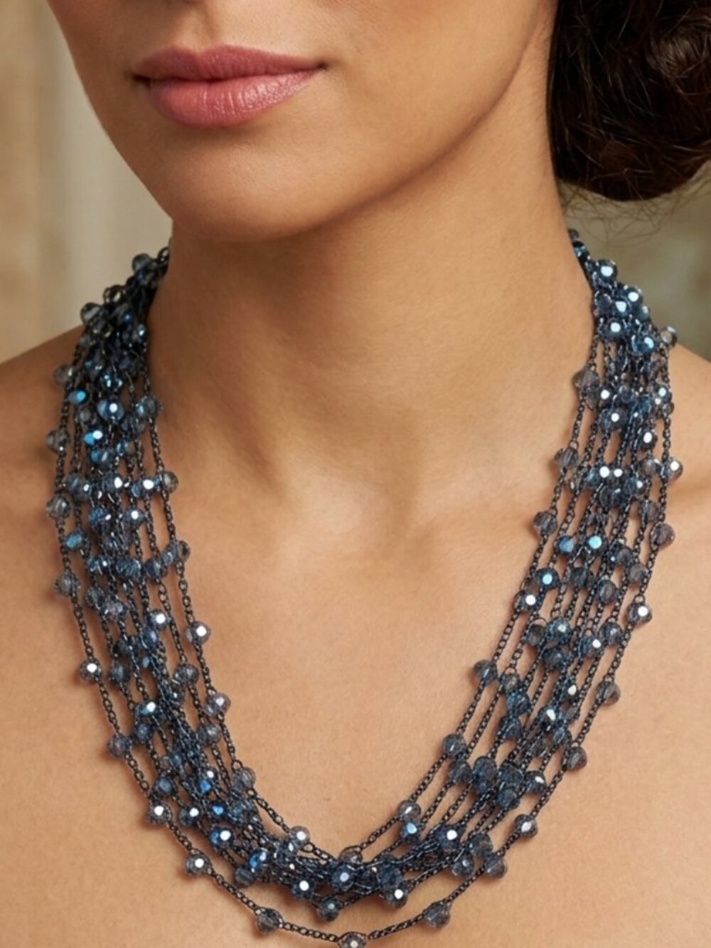 Vintage Handmade Multi-strand Deep Prussian Blue Thread Crochet Crystal Necklace